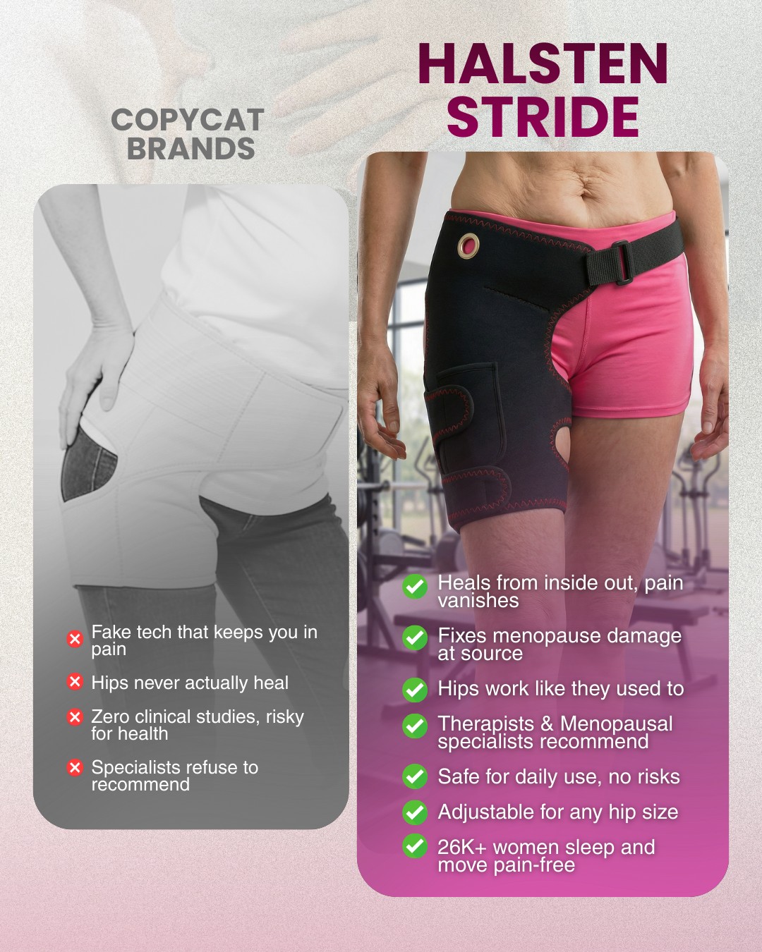 Halsten ad comparing a gray alternative vest with a pink worn product.