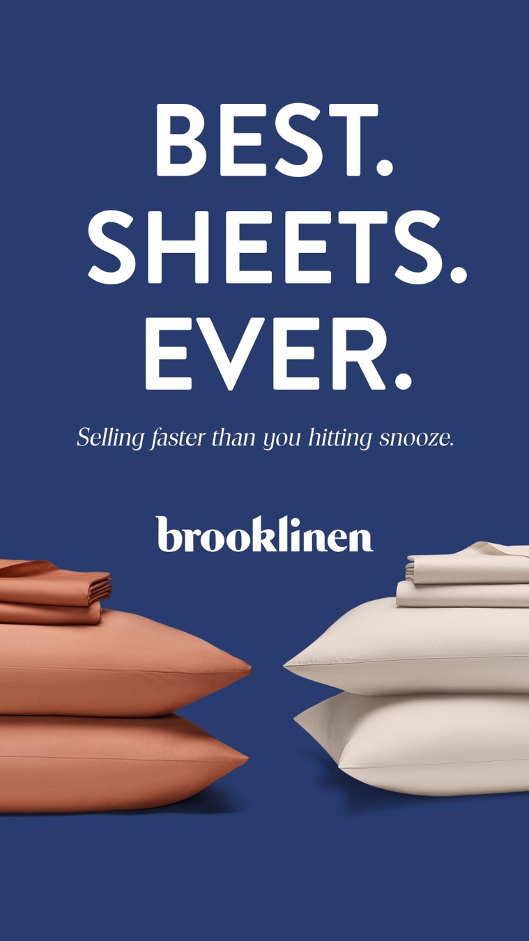Brooklinen pillows and folded bedding beneath a large white headline on blue.