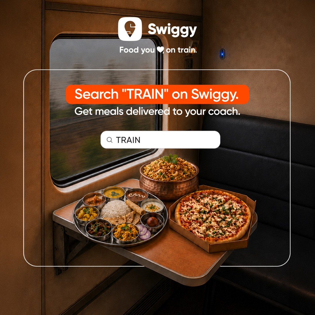Swiggy food tray on a train table beneath an in-app search instruction.