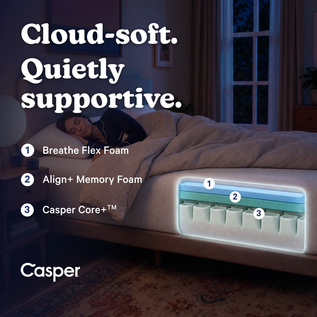 Casper mattress cutaway with three numbered layers beside a sleeping scene.