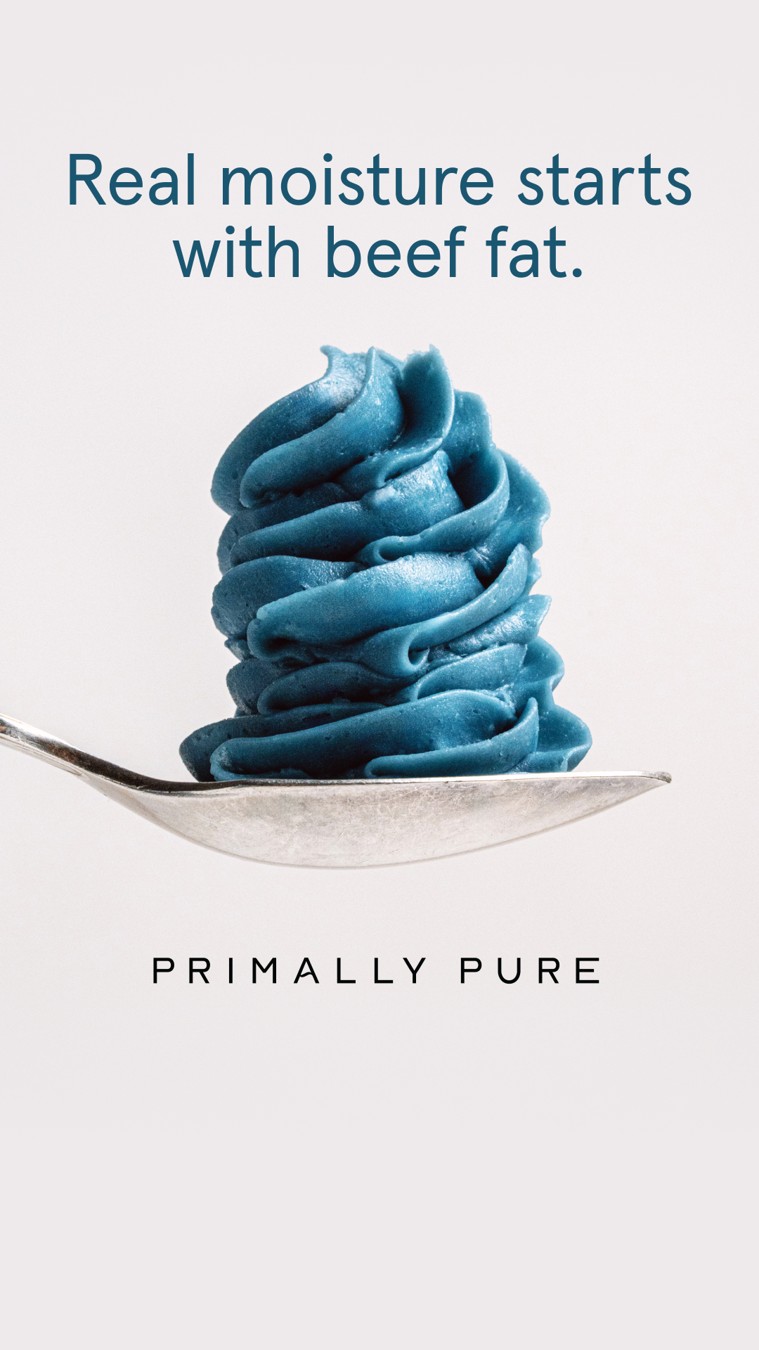 Primally Pure blue whipped product texture on a spoon beneath a short headline.