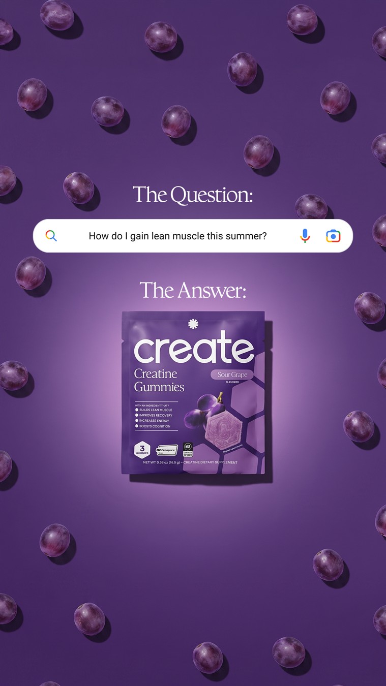 Create Wellness gummies below a search-style question on a purple background.