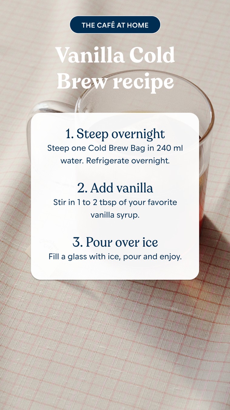 Chamberlain Coffee vanilla cold brew ad with three numbered preparation steps.