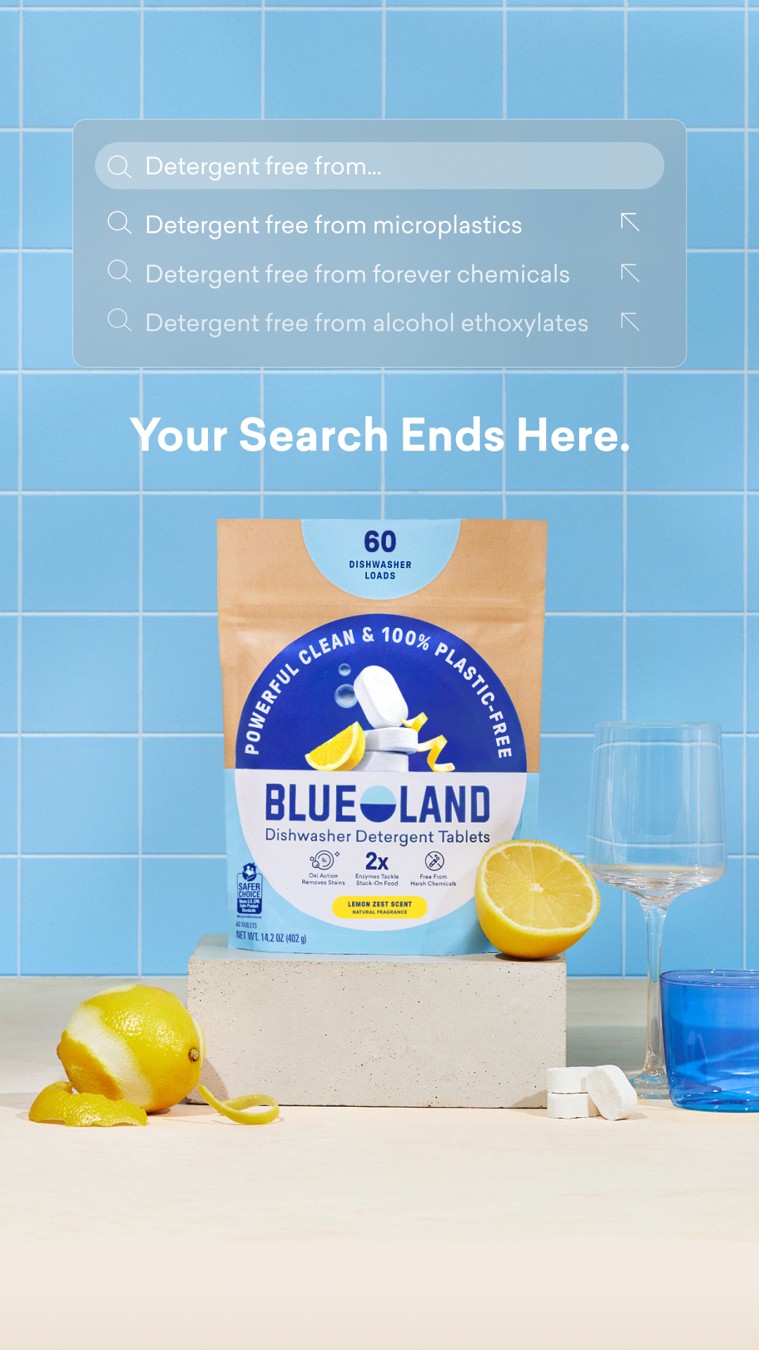 Blueland detergent pack and lemons below a translucent search-style suggestion list.