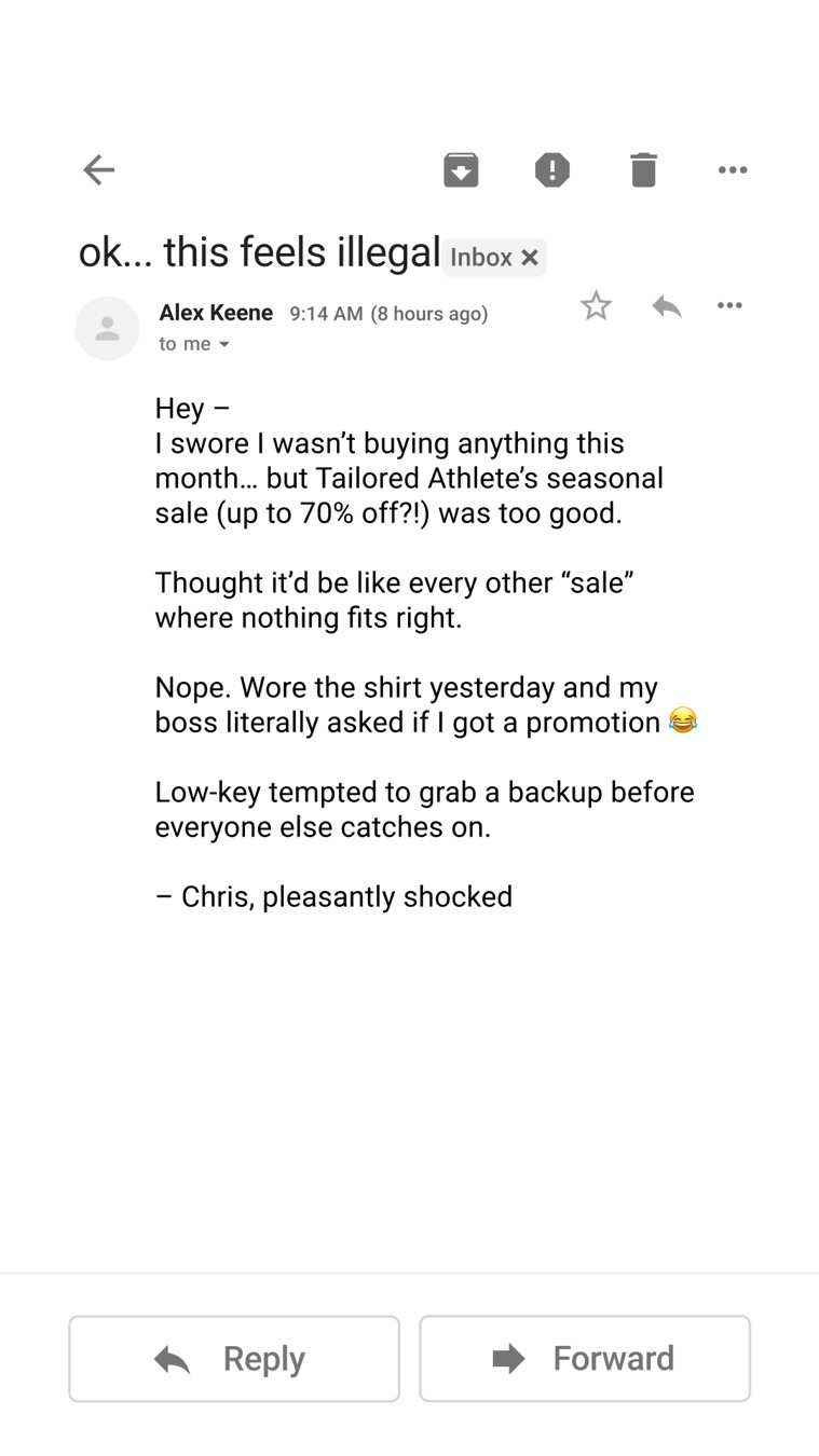Tailored Athlete email mockup ad reference