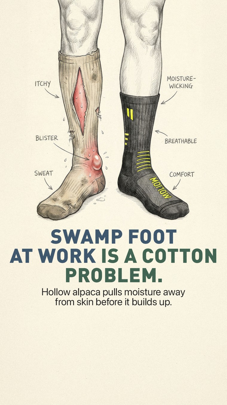 Hollow Alpaca Socks illustrated comparison of a bare leg and a sock-covered leg.