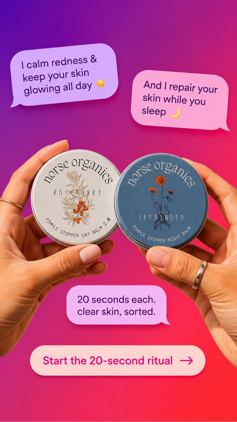 Two Norse Organics tins held in hands below pink conversational text bubbles.