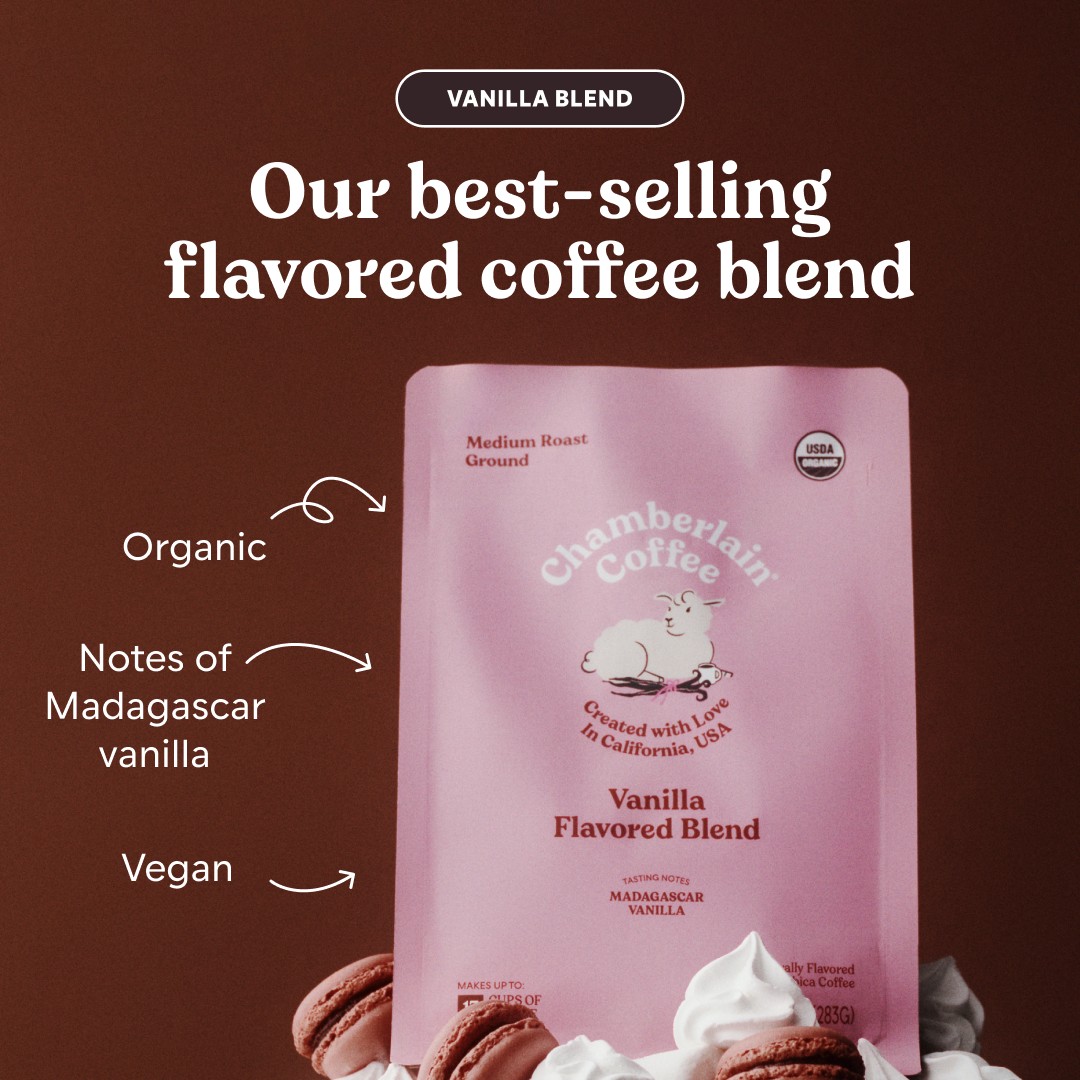 Chamberlain Coffee pink vanilla coffee bag with hand-drawn callout arrows on brown.