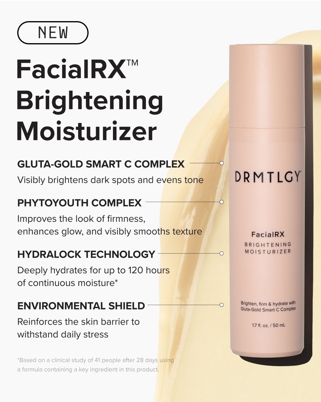DRMTLGY moisturizer bottle beside four labeled ingredient and feature groups.